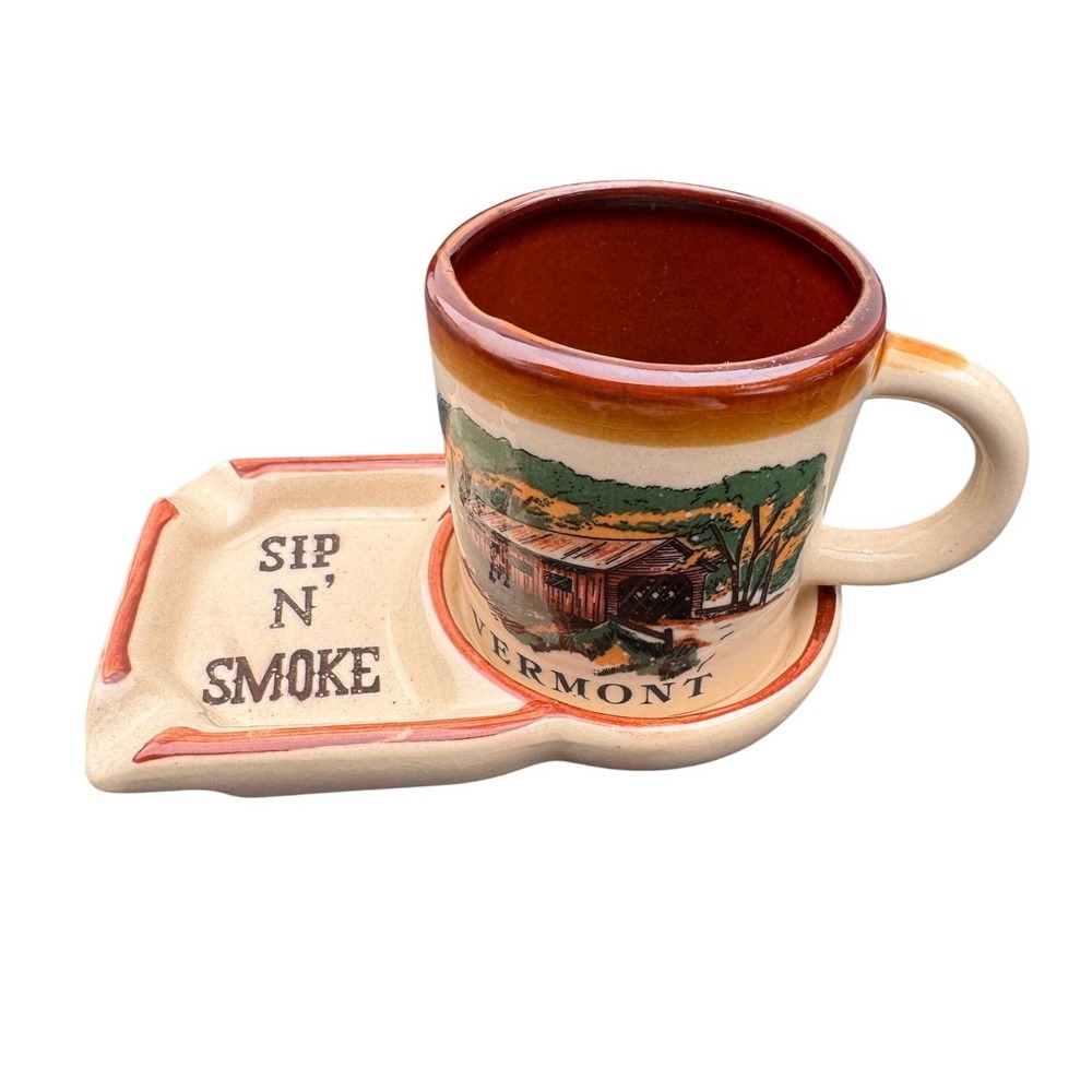 Vintage Vermont Sip N Smoke Ceramic Mug and Ashtray‎ Set Covered Bridge Souvenir